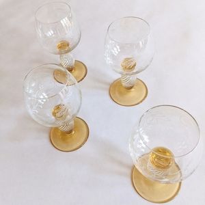 Set of Four Vintage Mid Century Etched Glass Goblets, Wine Glasses